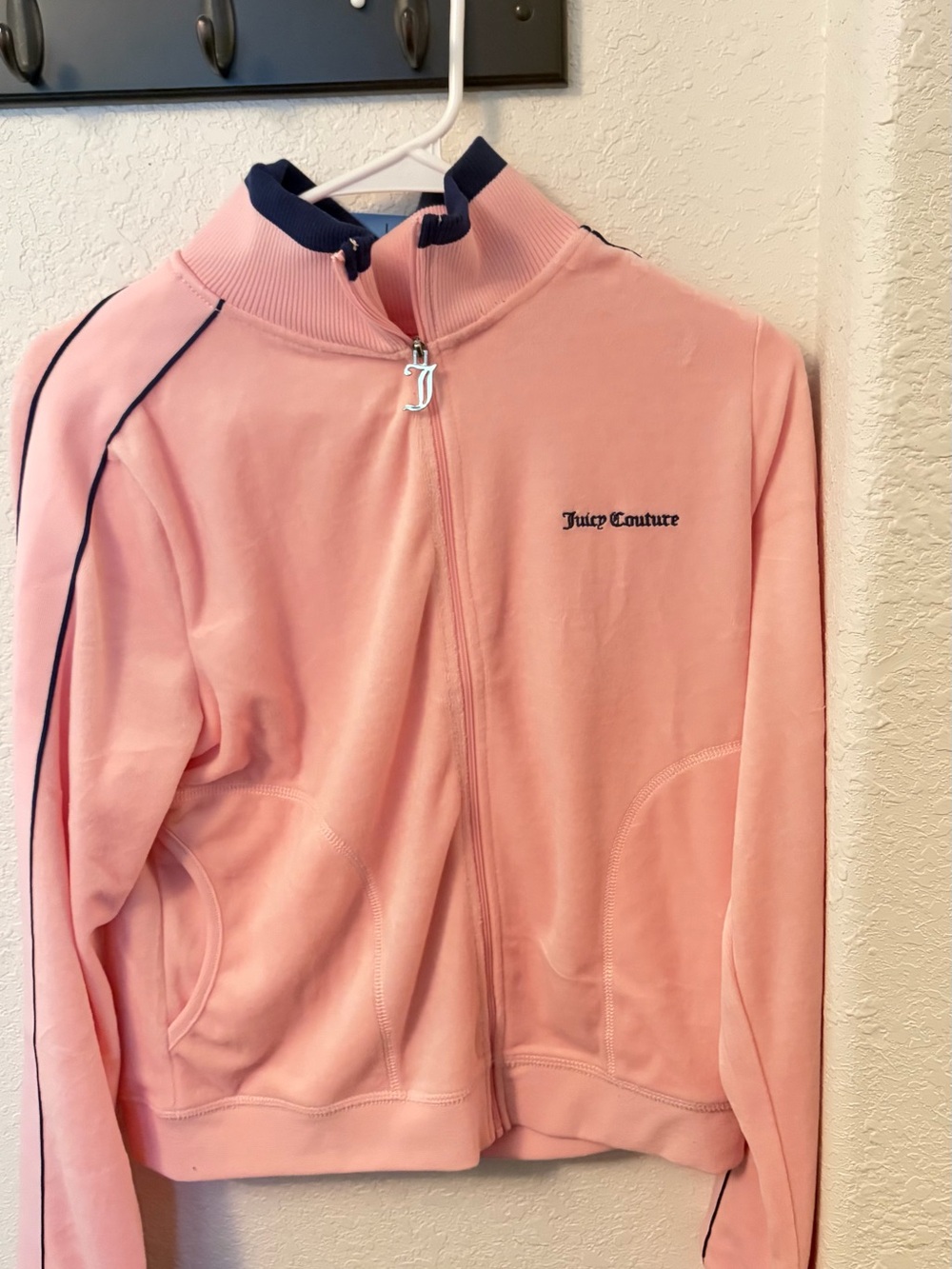 Juicy Couture Light Pink Velour Track Jacket with Navy Trim